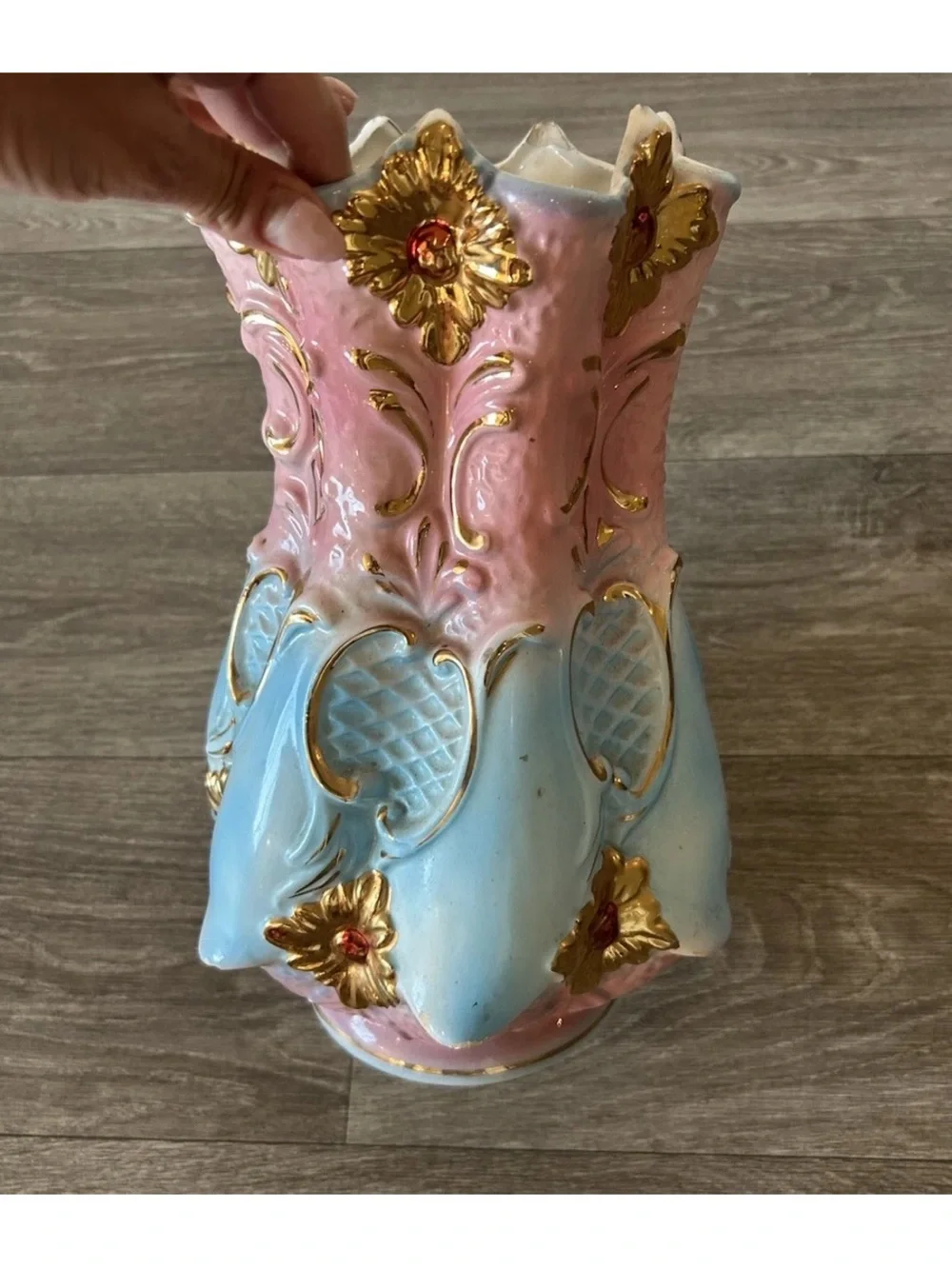Vintage Italian Hand Painted Ceramic Vase Pink Blue Gold Gilt 12.5”
